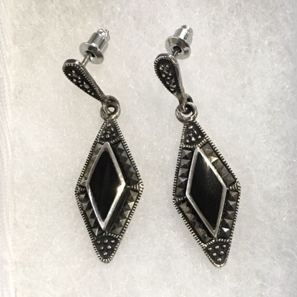 Sterling Silver Marcasite Onyx Drop VTG Earrings - Picture 3 of 14